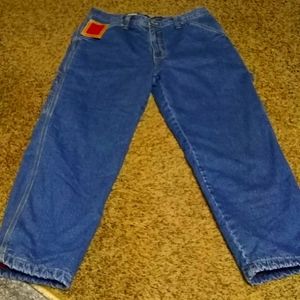 Fleece lined carpenter blue jeans. Falls Creek. Hammerloop. Utility pockets.